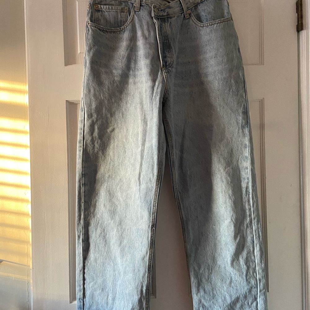 Asymmetrical paper bag jeans